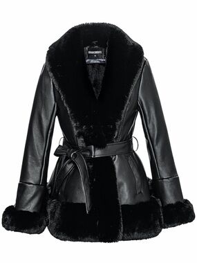 GRAN ORIENTE Faux Leather Peplum Jacket with Faux Fur Trim - M